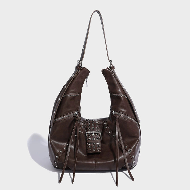 Beaira Niche retro spicy girl oil wax leather commuting handbag autumn and winter new fashion millennium style rivet shoulder croissant