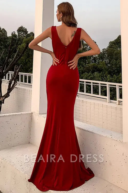 Beaira Sexy Burgundy Sleeveless High Split Evening Prom Dresses formal wear dresses - Burgundy