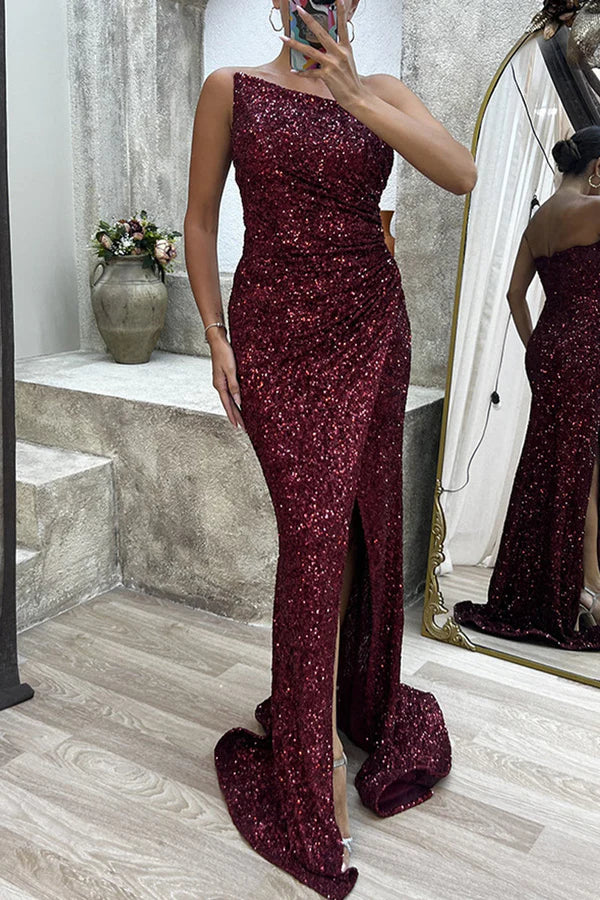 Beaira Sexy Formal Solid Slit Asymmetrical Oblique Collar Evening Dress Dresses formal wear dresses - Burgundy