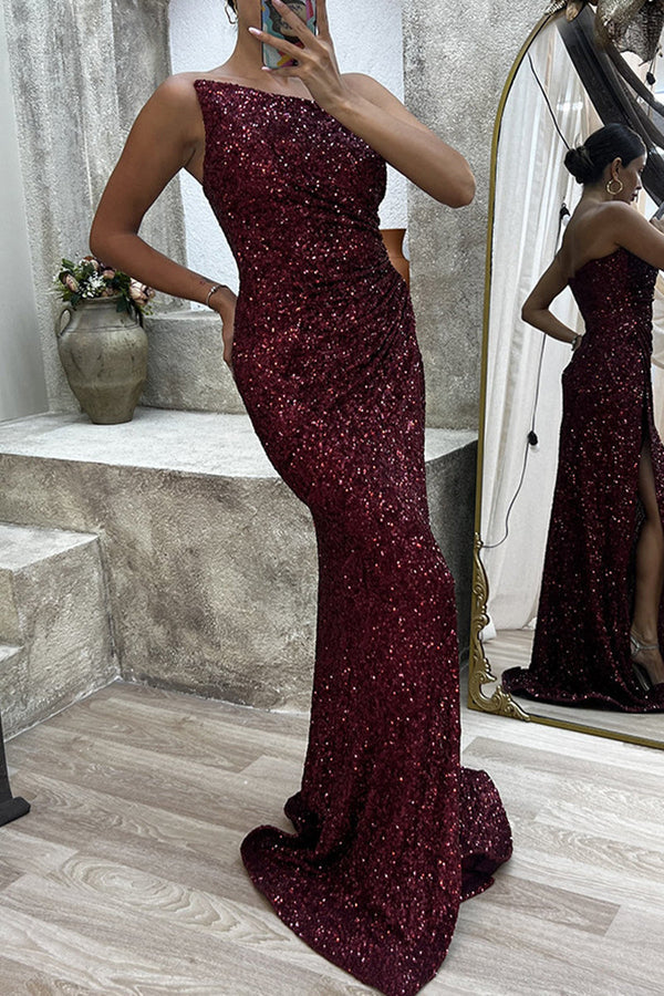 Beaira Sexy Formal Solid Slit Asymmetrical Oblique Collar Evening Dress Dresses formal wear dresses - Burgundy