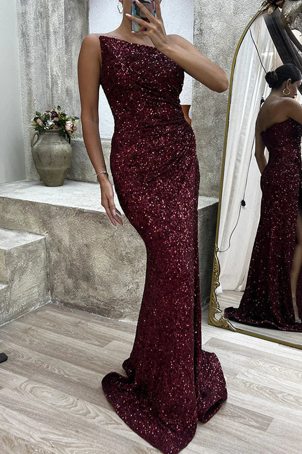 Beaira Sexy Formal Solid Slit Asymmetrical Oblique Collar Evening Dress Dresses formal wear dresses - Burgundy