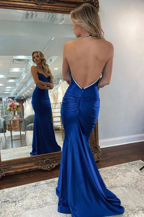 Beaira Sexy Royal Blue Mermaid Open Back Long Satin Prom Dress - Royal Blue