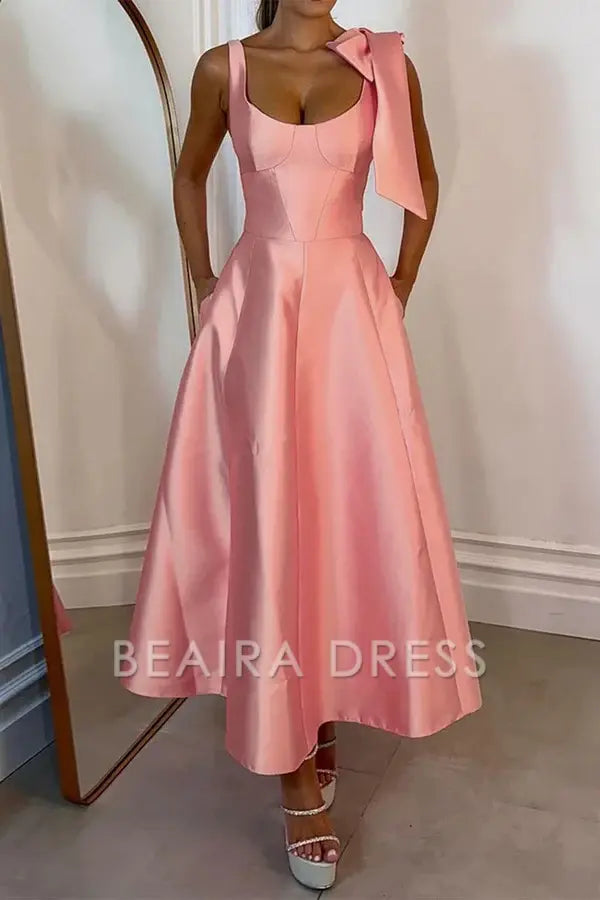 Beaira Sexy Solid Color Lace Up U Neck Evening Dresses formal wear dresses - Pink