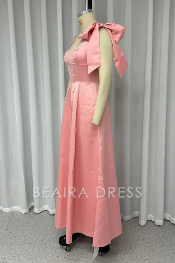 Beaira Sexy Solid Color Lace Up U Neck Evening Dresses formal wear dresses - Pink