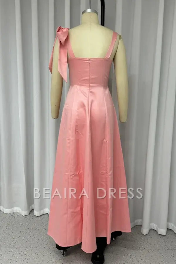 Beaira Sexy Solid Color Lace Up U Neck Evening Dresses formal wear dresses - Pink