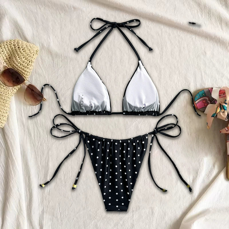 Beaira Sexy polka dot printed bikini new split swimsuit for women European and American foreign trade drawstring suspender three-point swimsuit