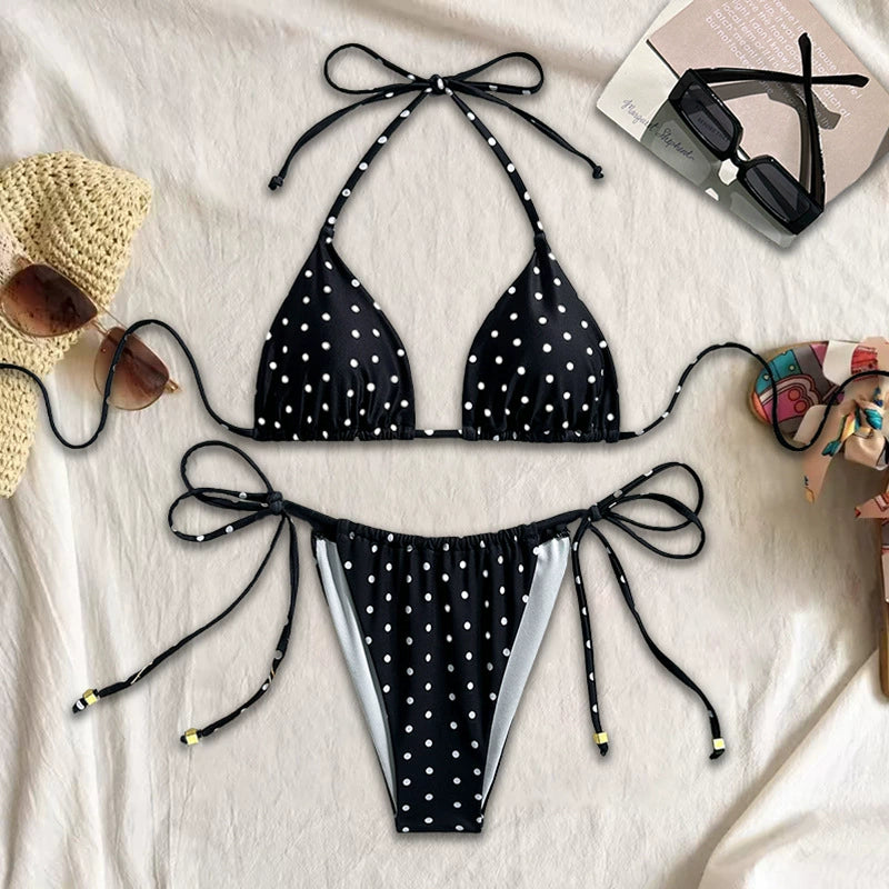 Beaira Sexy polka dot printed bikini new split swimsuit for women European and American foreign trade drawstring suspender three-point swimsuit