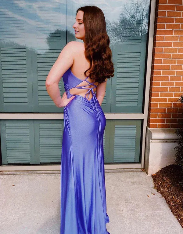 Beaira Sheath Spaghetti Straps Purple Long Prom Dress With Split - Purple