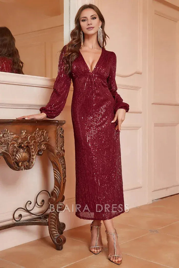 Beaira Signature Elegance Sparkly Burgundy V-Neck Prom Dress With Long Sleeves formal wear dresses - Burgundy