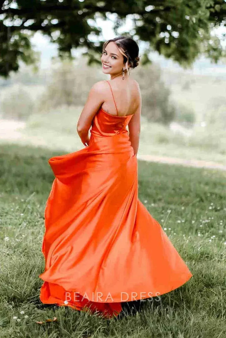 Beaira Simple A-Line Satin Prom Evening Dresses With Side Slit hot sale for women