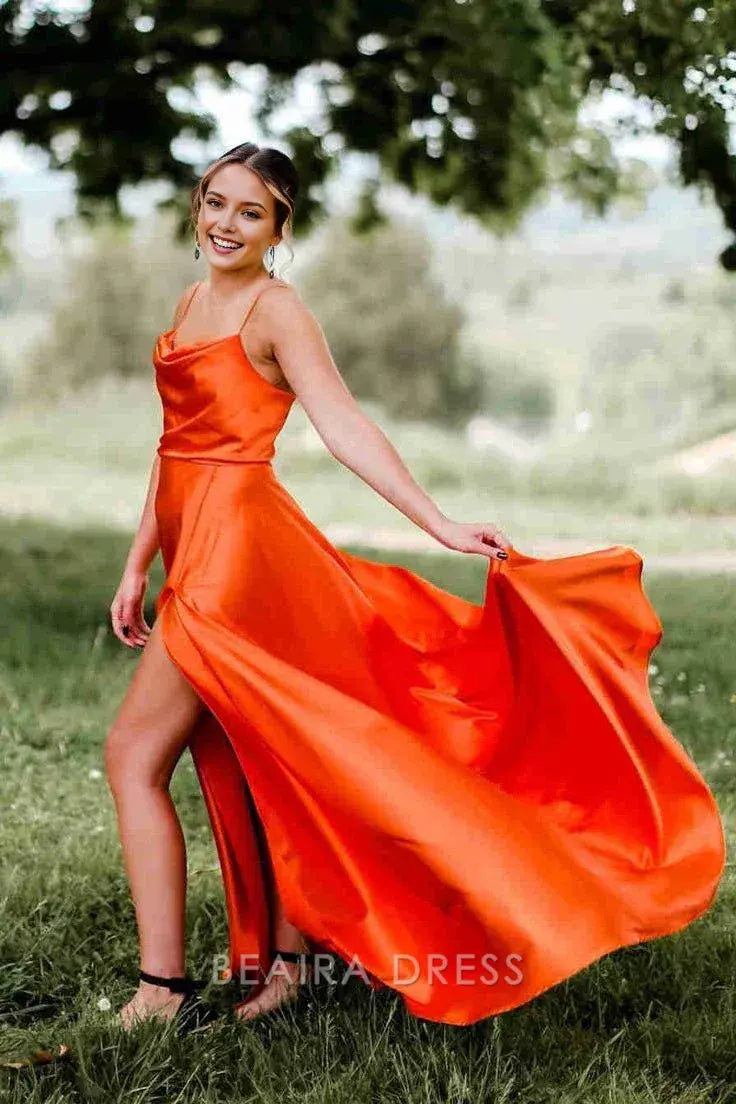 Beaira Simple A-Line Satin Prom Evening Dresses With Side Slit hot sale for women