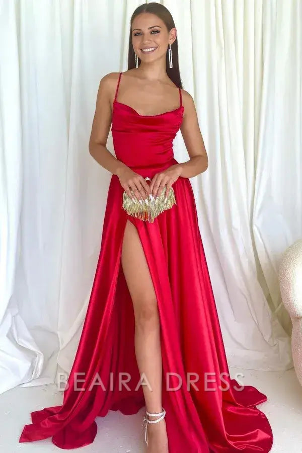 Beaira Simple A-Line Strapless Spaghetti Straps Sleeveless Ruched Criss Cross Straps Prom Party Dress High Side Slit and Train evening gown