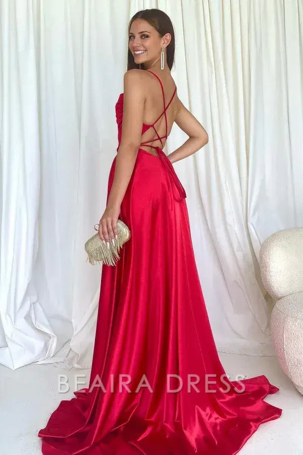 Beaira Simple A-Line Strapless Spaghetti Straps Sleeveless Ruched Criss Cross Straps Prom Party Dress High Side Slit and Train evening gown