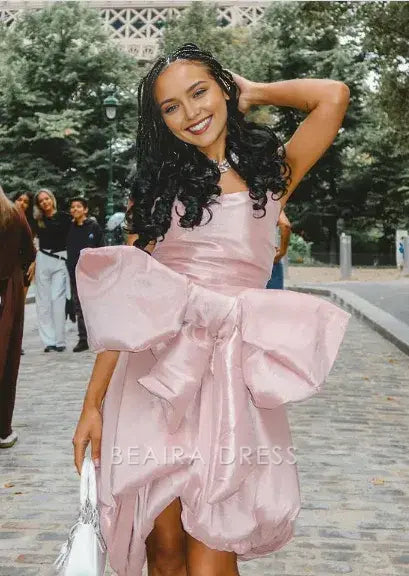 Beaira Simple Design Pink Tube Top Bow Irregular 17th Birthday Homecoming Dress hot sale for women