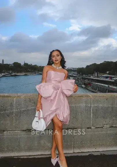 Beaira Simple Design Pink Tube Top Bow Irregular 17th Birthday Homecoming Dress hot sale for women
