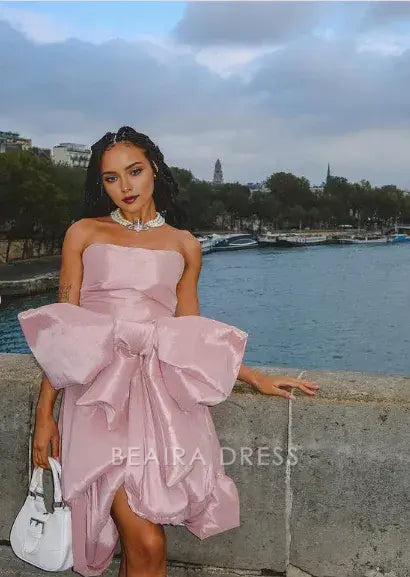 Beaira Simple Design Pink Tube Top Bow Irregular 17th Birthday Homecoming Dress hot sale for women