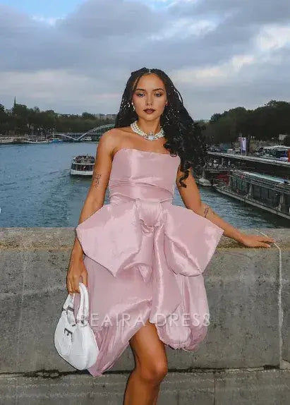 Beaira Simple Design Pink Tube Top Bow Irregular 17th Birthday Homecoming Dress hot sale for women
