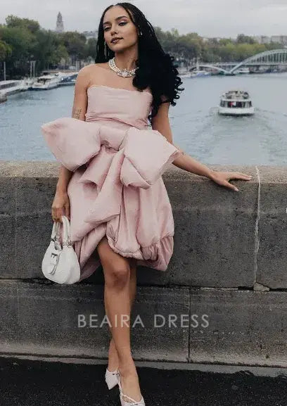 Beaira Simple Design Pink Tube Top Bow Irregular 17th Birthday Homecoming Dress hot sale for women