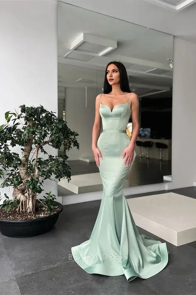 Beaira Simple Sage Green Mermaid Satin Long Prom Dress hot sale for women
