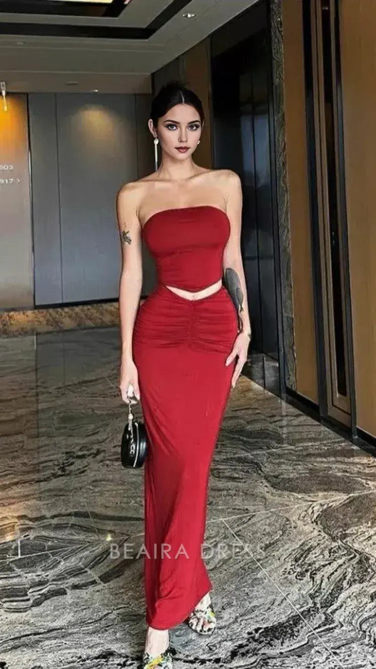 Beaira Simple Two Pieces Long Prom Dresses Burgundy Bodycon Strapless Homecoming Dresses Sexy Party Dresses hot sale for women