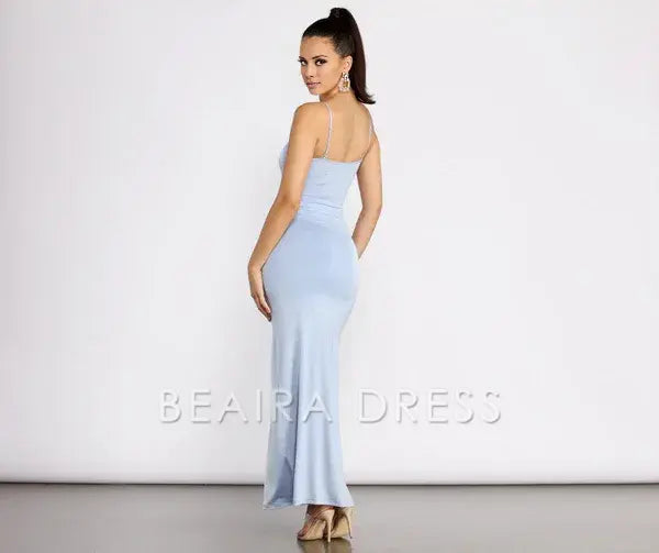 Beaira Slit Decision Ruched Maxi Dress formal wear dresses - LIGHT BLUE