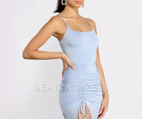 Beaira Slit Decision Ruched Maxi Dress formal wear dresses - LIGHT BLUE