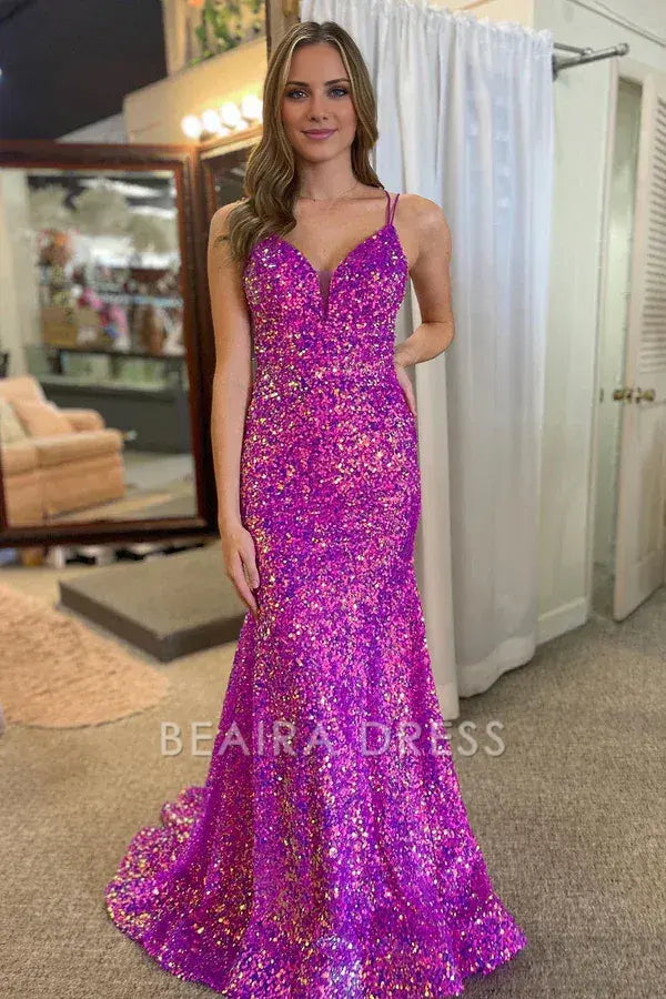 Beaira Sparkly Mermaid Purple Double Strapls Long Sequin Prom Dress - Purple