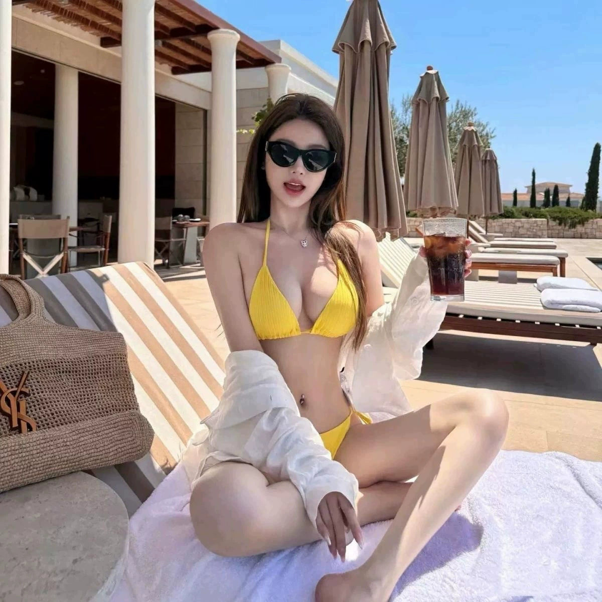 Beaira Summer hot girl niche bikini yellow bright white sexy split body strap backless beach vacation swimsuit female