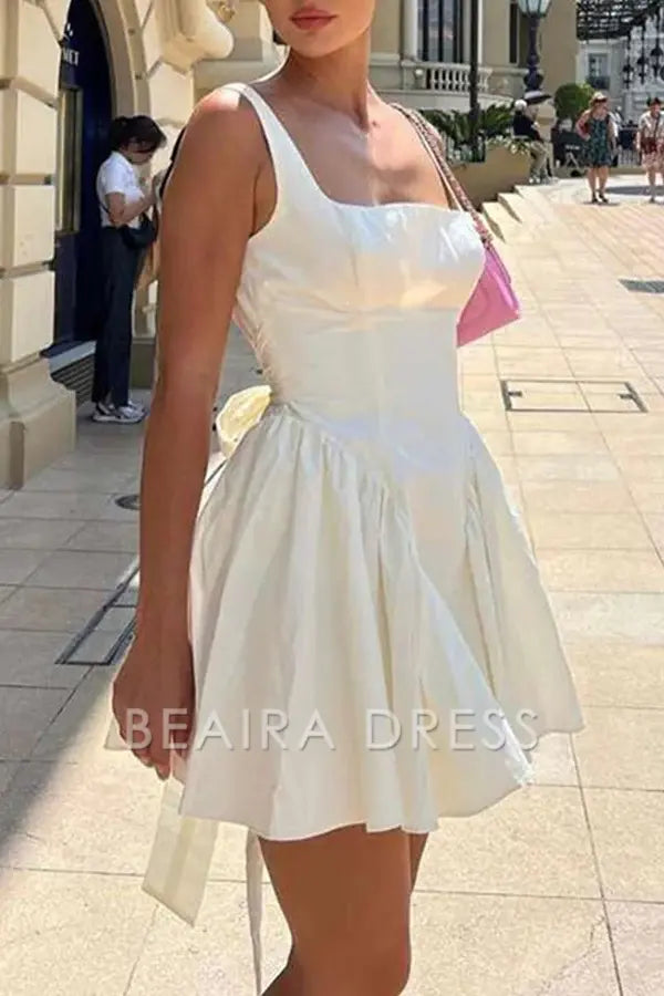 Beaira Sweet Simplicity Solid Backless With Bow Square Collar Evening Dresses formal wear dresses - White