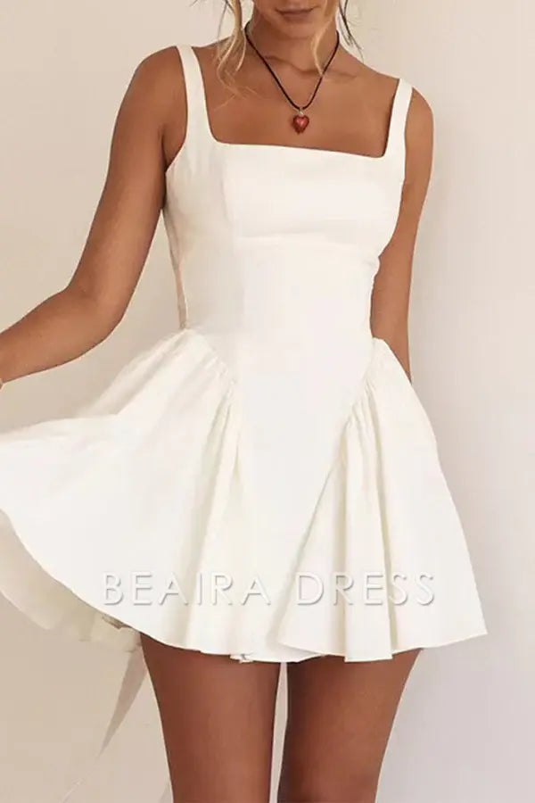 Beaira Sweet Simplicity Solid Backless With Bow Square Collar Evening Dresses formal wear dresses - White