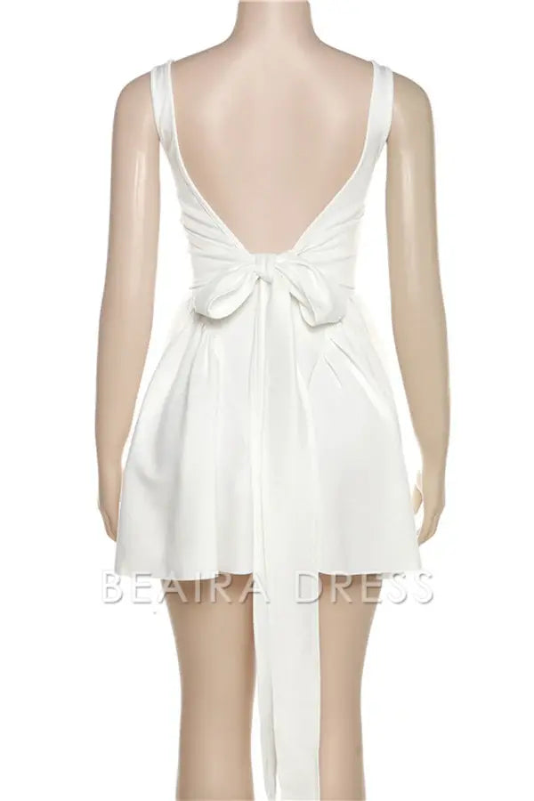 Beaira Sweet Simplicity Solid Backless With Bow Square Collar Evening Dresses formal wear dresses - White