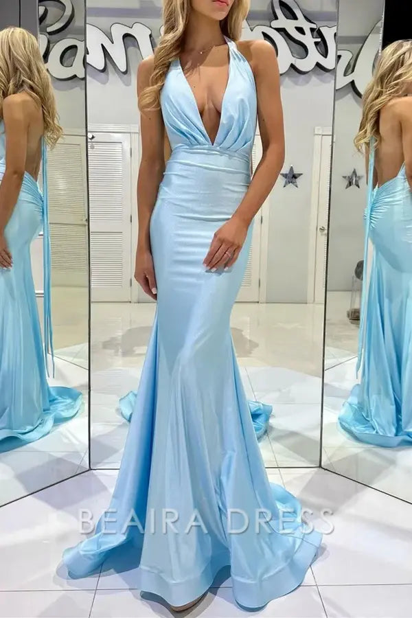 Beaira Trendy Mermaid Halter Neck Blue Long Prom Dress with Backless - Blue