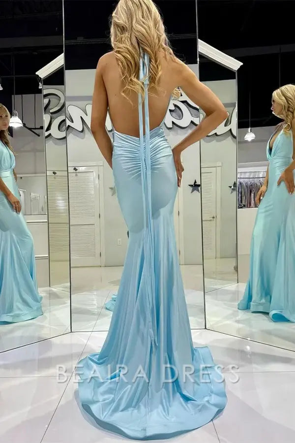 Beaira Trendy Mermaid Halter Neck Blue Long Prom Dress with Backless - Blue