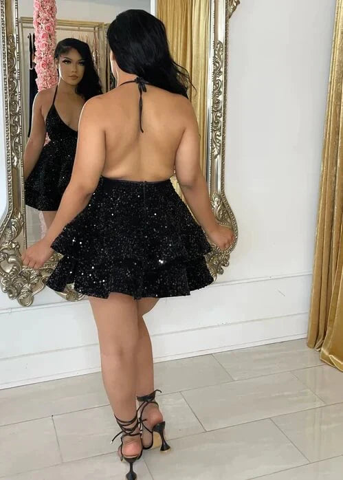 Beaira Vintage A Line BLACK Mini Dresses Sequin Homecoming Dress 16th Birthday Dresses