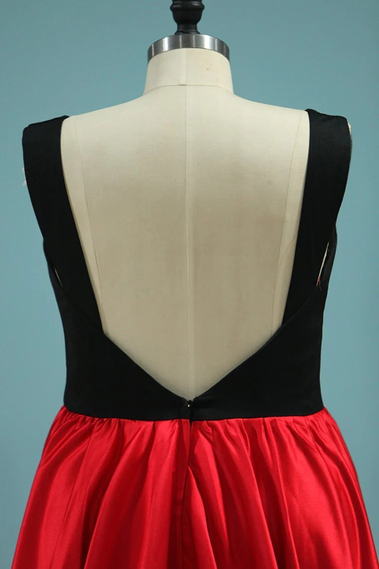 Bicolor V Neck Sheath Party Dresses Satin Open Back
