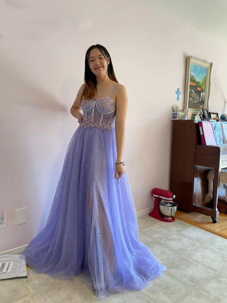 Black A Line Sweetheart Lace Aqppliques Tulle Prom Dresses Slit