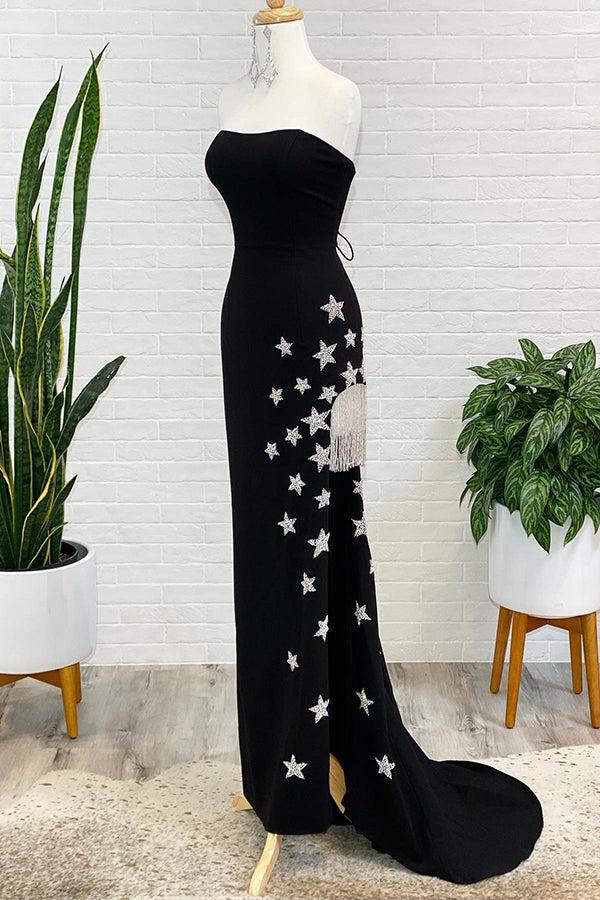 Black Strapless Sheath Slit Prom Dress with Stars and Fringes