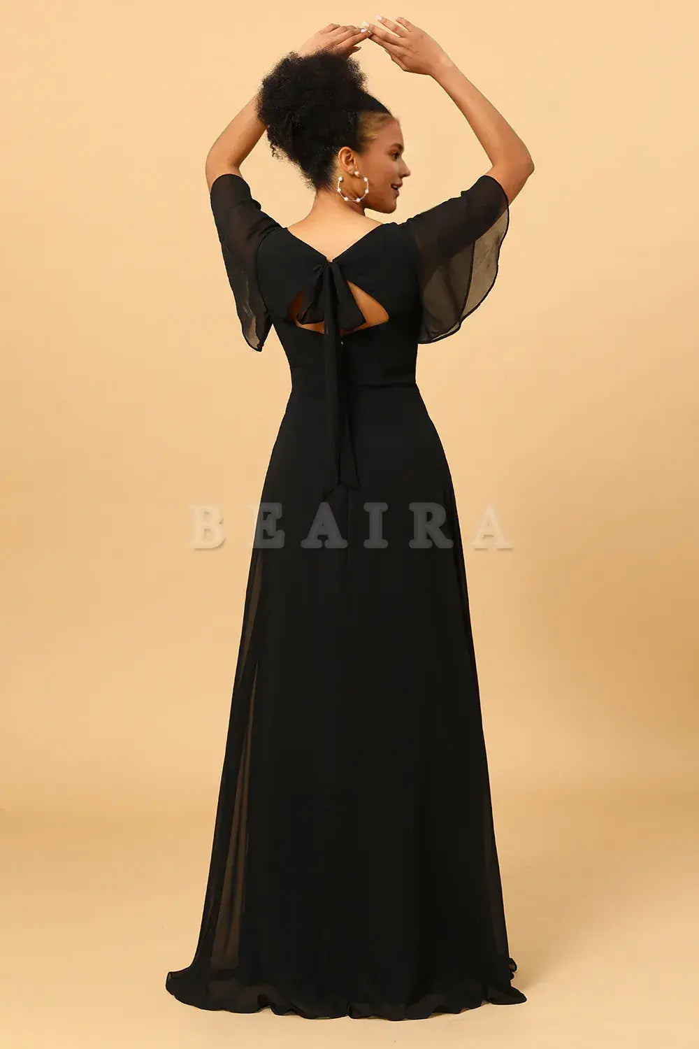 Beaira Black A Line V-Neck Long Chiffon Floor Length Dress with Slit Bridesmaid dress shop
