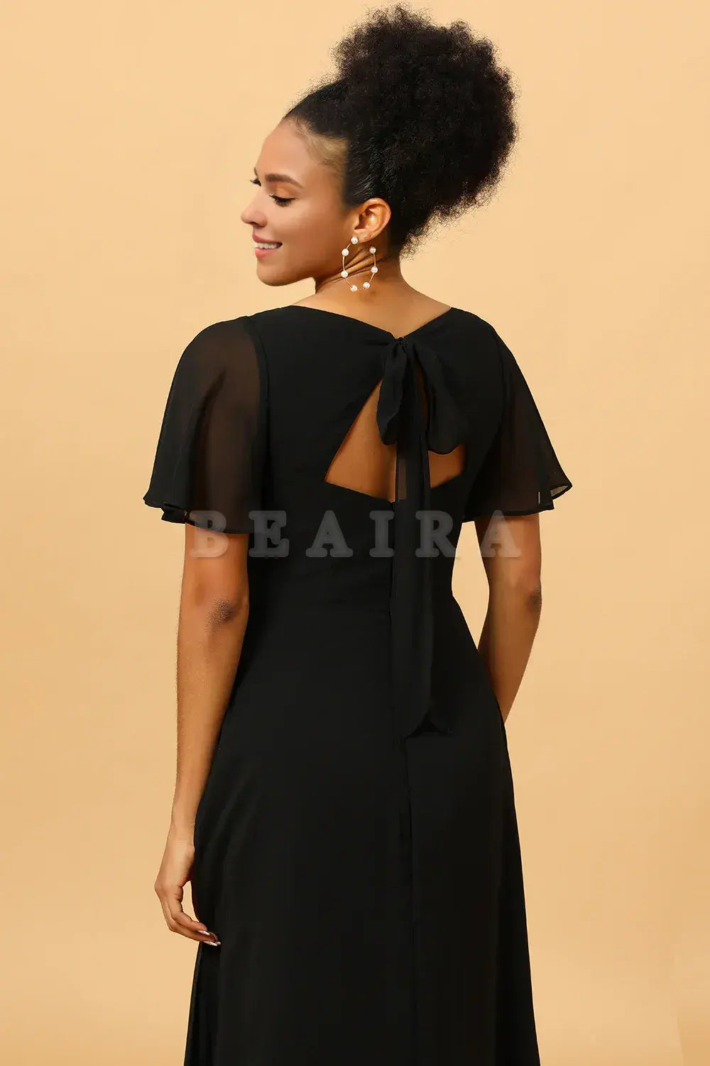 Beaira Black A Line V-Neck Long Chiffon Floor Length Dress with Slit Bridesmaid dress shop