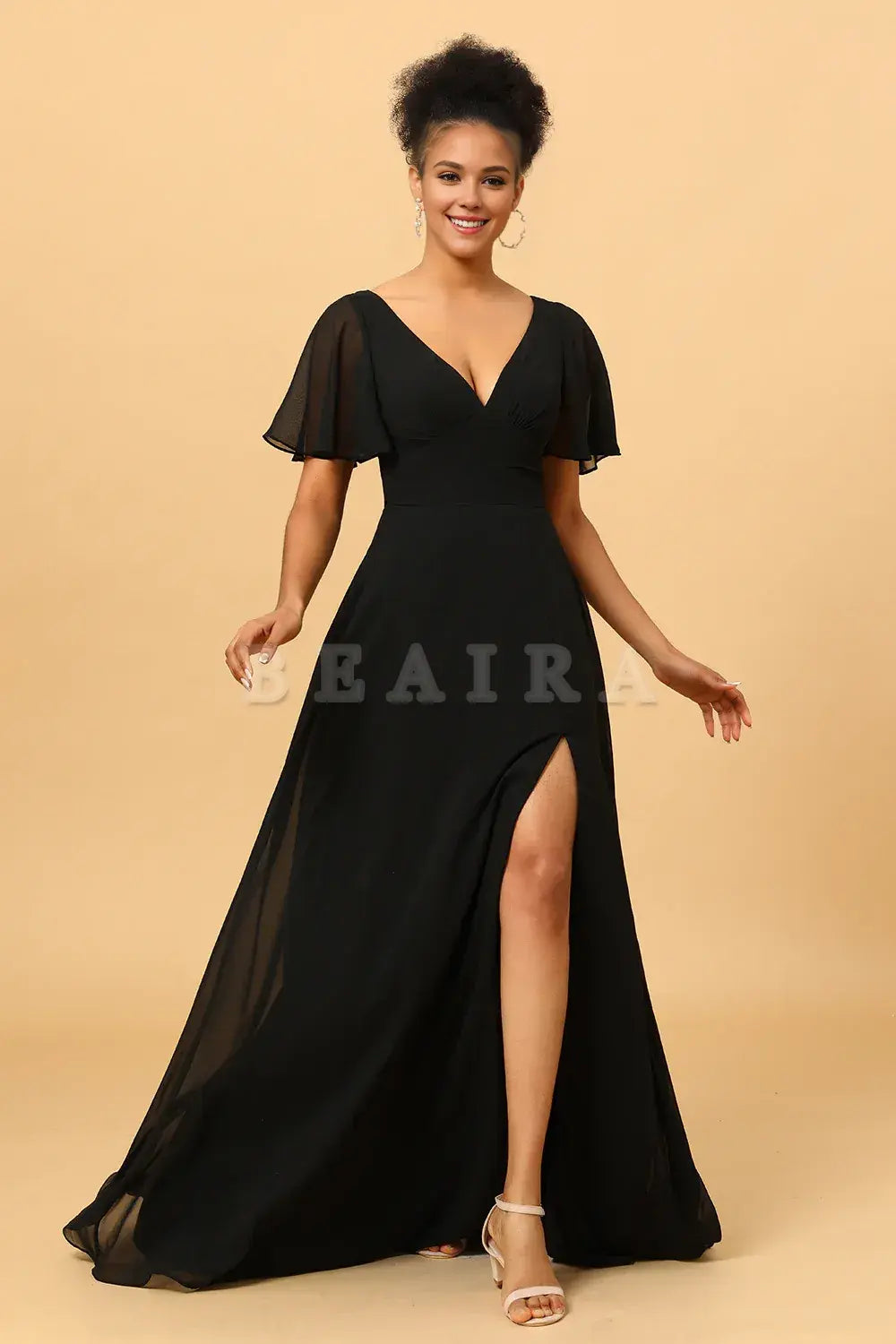 Beaira Black A Line V-Neck Long Chiffon Floor Length Dress with Slit Bridesmaid dress shop