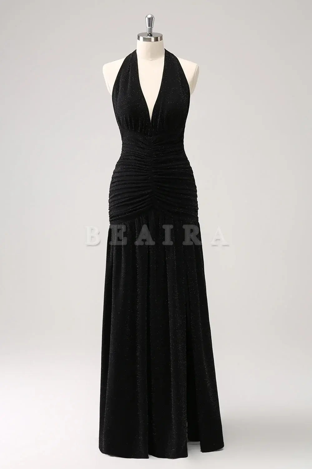 Beaira Black Mermaid Halter Pleated Backless Long Bridesmaid Dress with Slit Bridesmaid dress shop