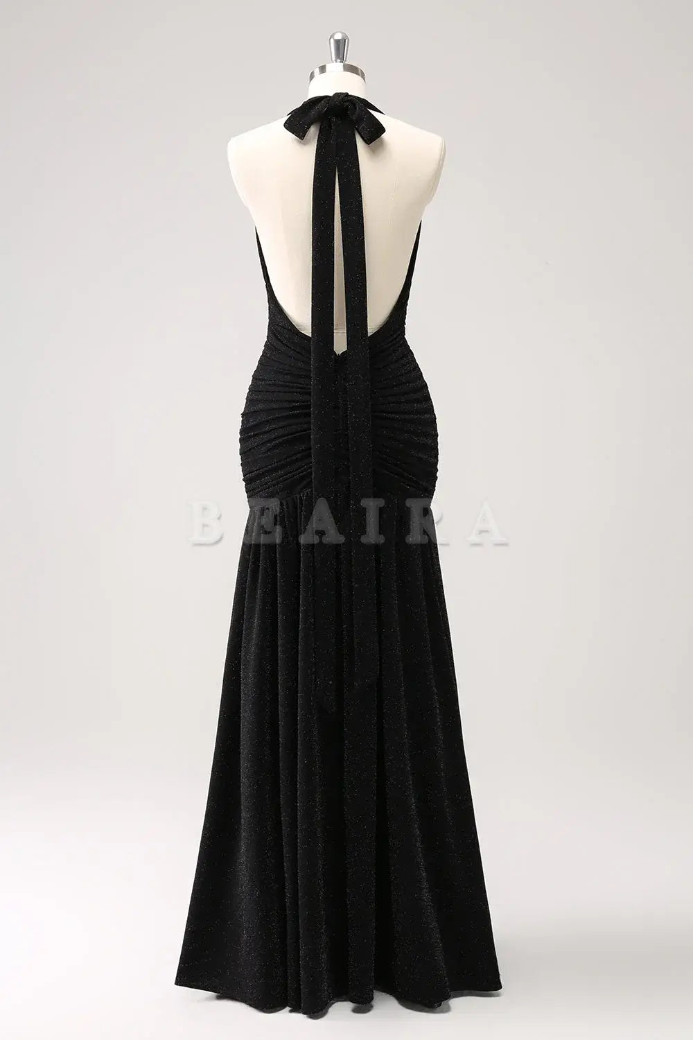 Beaira Black Mermaid Halter Pleated Backless Long Bridesmaid Dress with Slit Bridesmaid dress shop