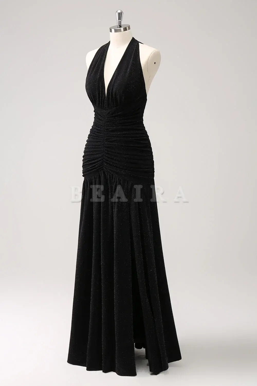 Beaira Black Mermaid Halter Pleated Backless Long Bridesmaid Dress with Slit Bridesmaid dress shop