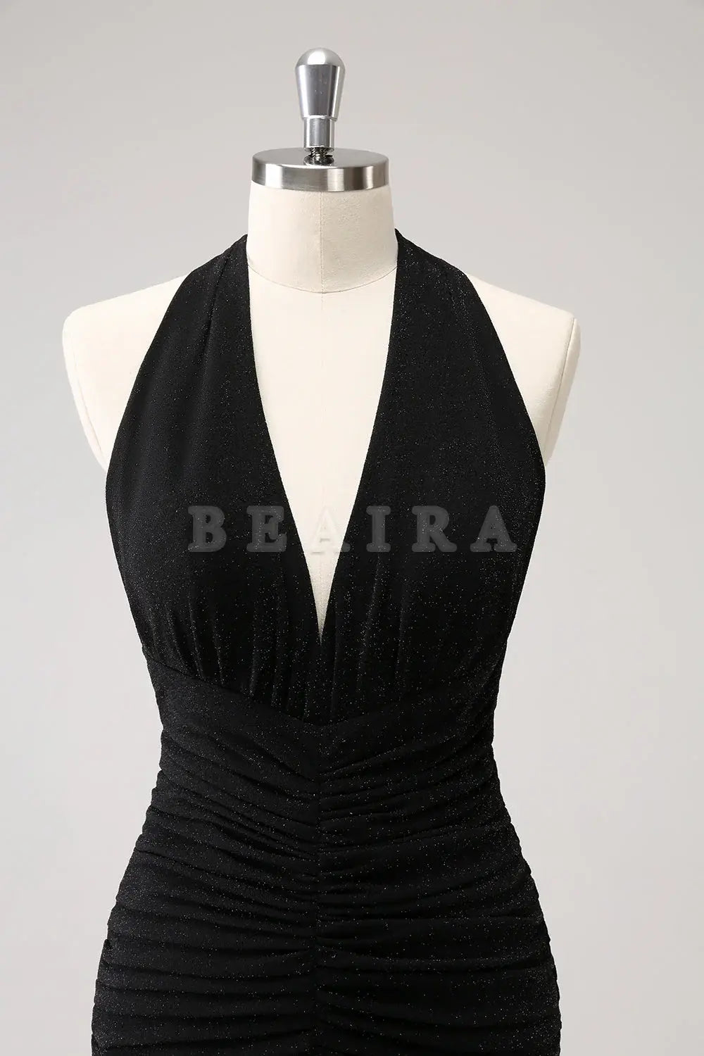 Beaira Black Mermaid Halter Pleated Backless Long Bridesmaid Dress with Slit Bridesmaid dress shop
