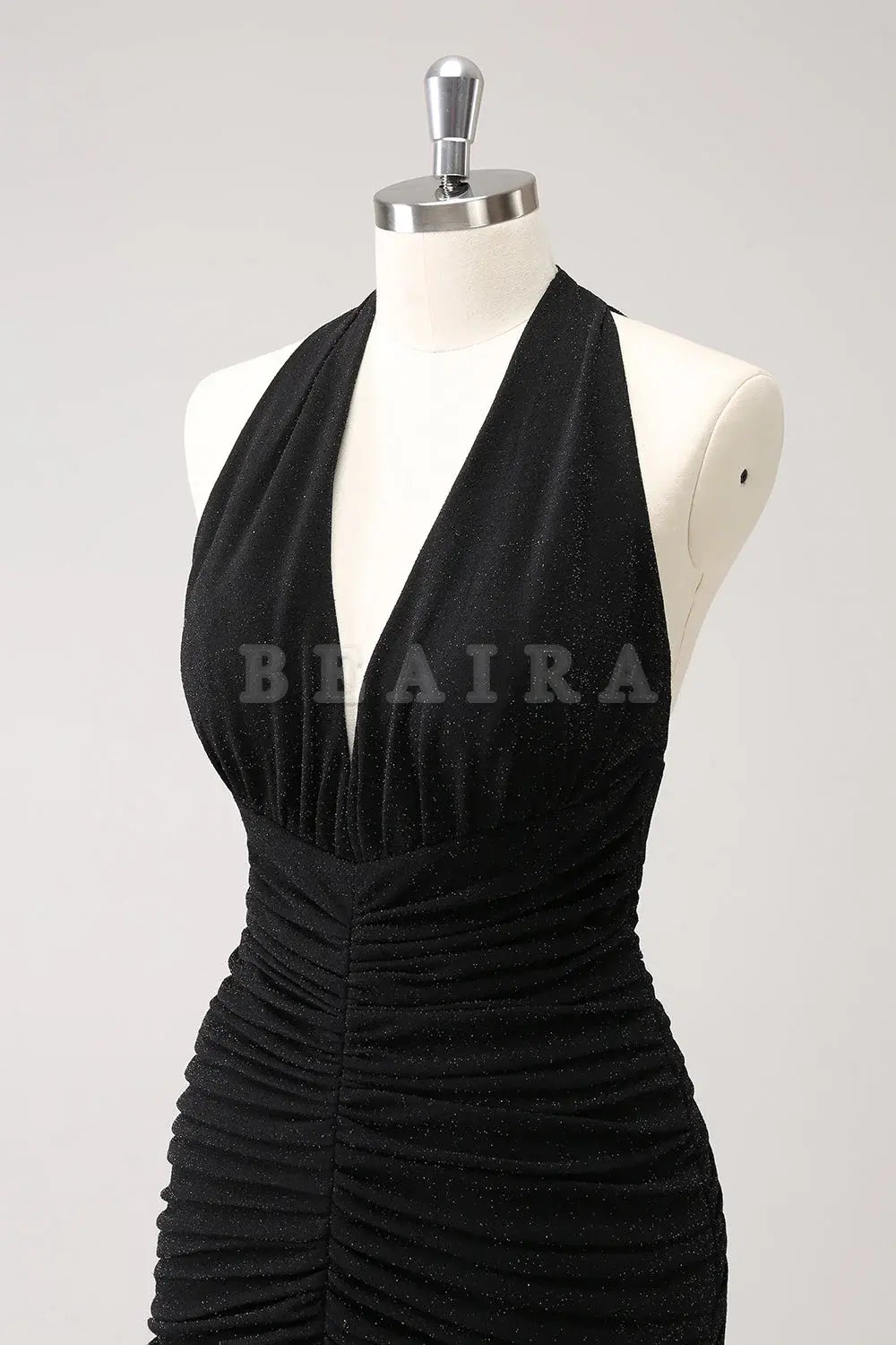 Beaira Black Mermaid Halter Pleated Backless Long Bridesmaid Dress with Slit Bridesmaid dress shop