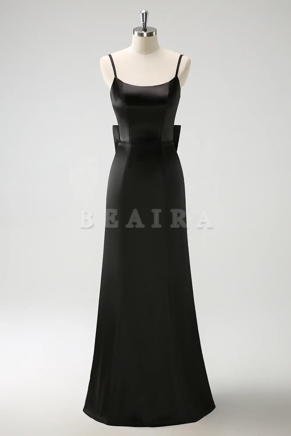 Beaira Black Mermaid Spaghetti Straps Long Ruffle Satin Bridesmaid Dress with Bow Bridesmaid dress shop