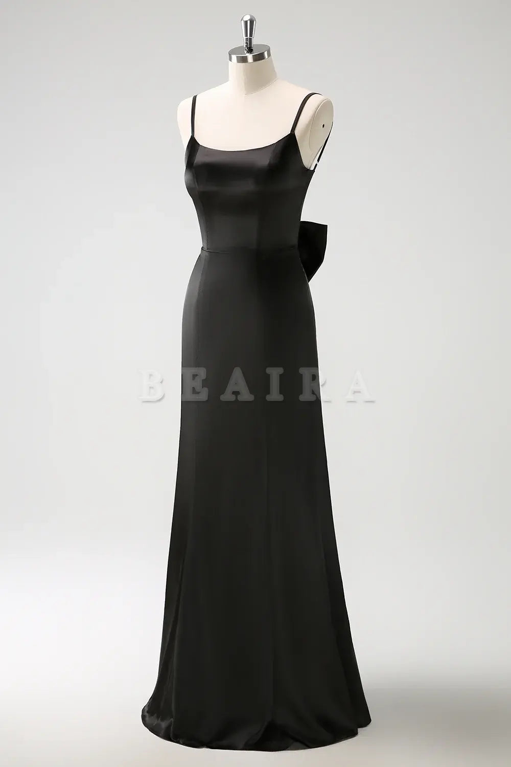 Beaira Black Mermaid Spaghetti Straps Long Ruffle Satin Bridesmaid Dress with Bow Bridesmaid dress shop