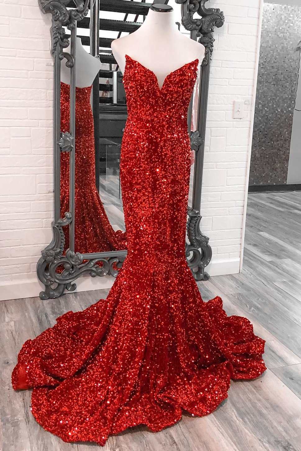 V-Neck Open Back Mermaid Sequins Backless Prom Dresses