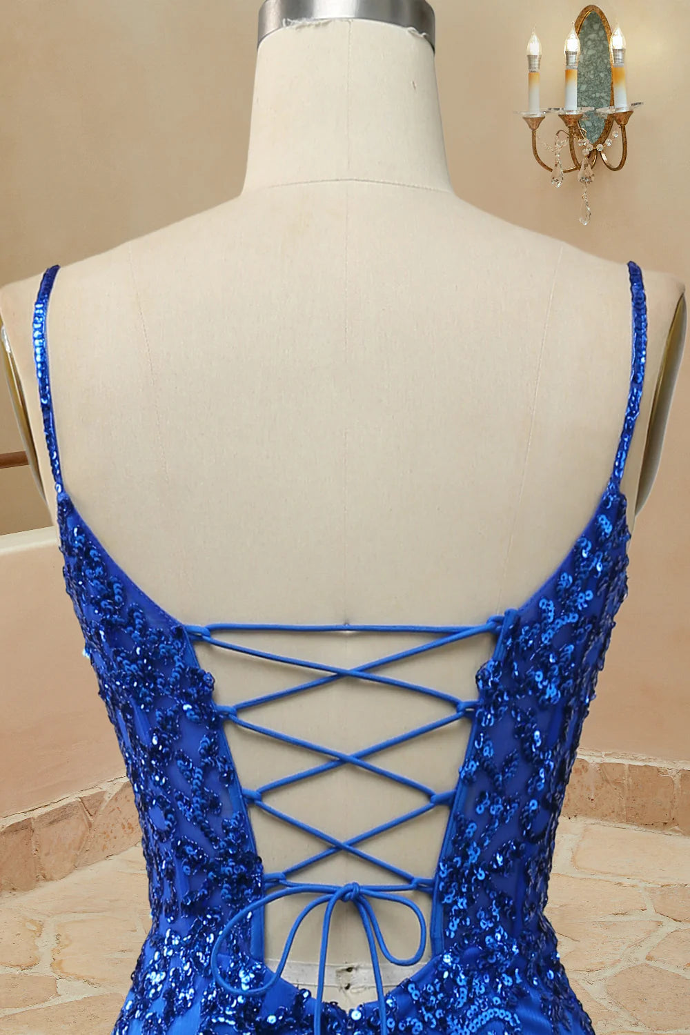 Blue Appliques Mermaid Straps Lace Up Long Prom Dress