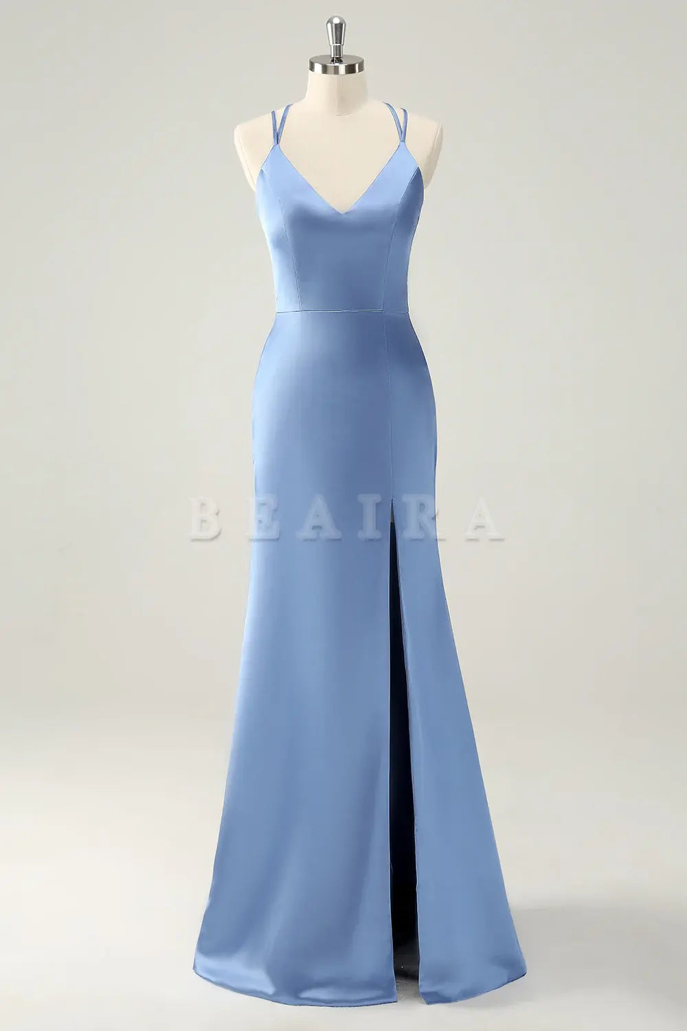 Beaira Blue Mermaid Spaghetti Straps Long Satin Bridesmaid Dress with Slit Bridesmaid dress shop